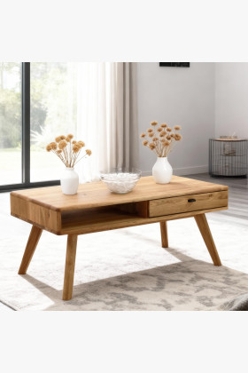 Tömör tölgyfa dohányzóasztal fiókkal, 110x60 cm, natúr olajozott